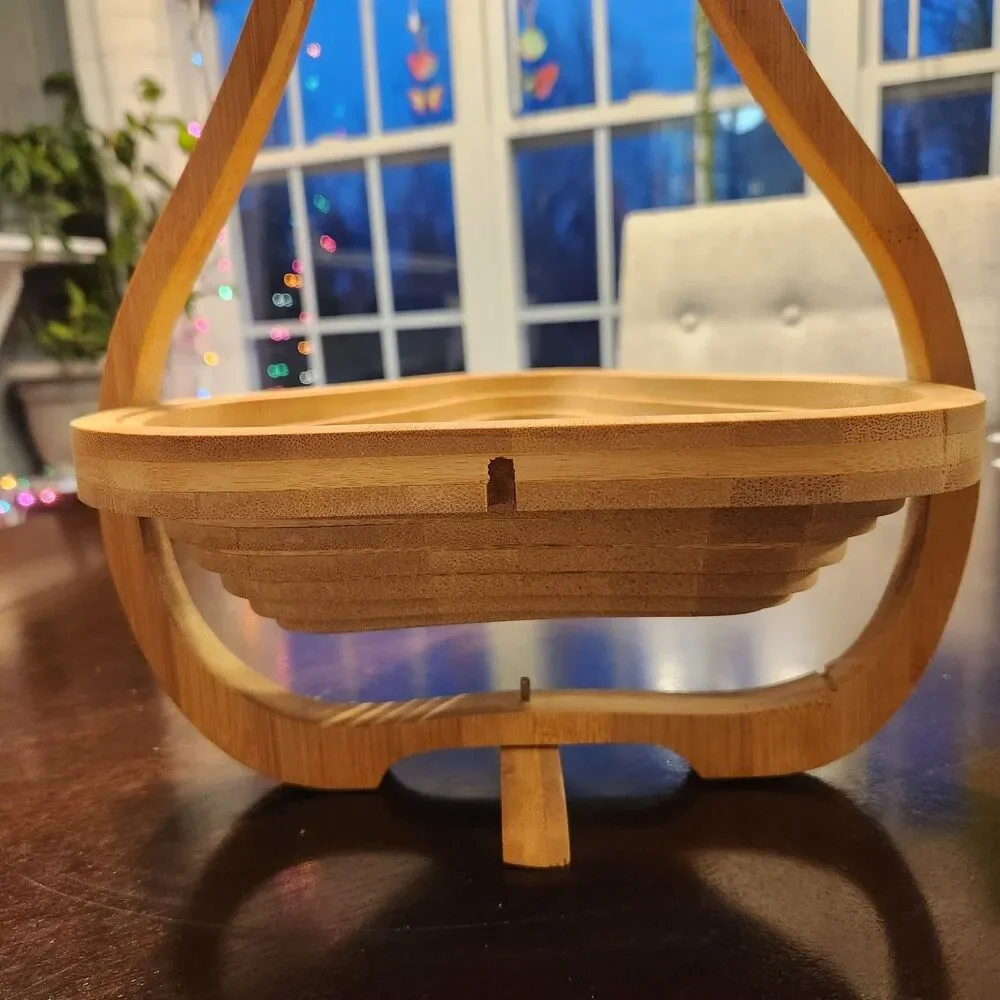 Vtg Wooden Trivet Fruit Basket Bowl Collapsible Pear Folding Spiral Cut 14”